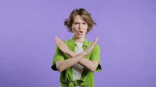 No Never Young Woman Rejecting Gesture Stop Crossing Hands Ban Timeout