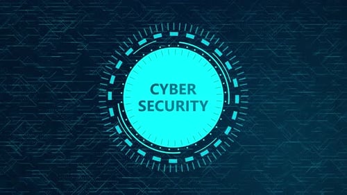 Futuristic Cyber Security Concept with Rotating HUD Elements and Circuitry Design