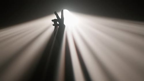 Heller, warmer Strahler, professionelle Lichtausrüstung, die sich in der Dunkelheit dreht, Hand, Silhouette, Berührung