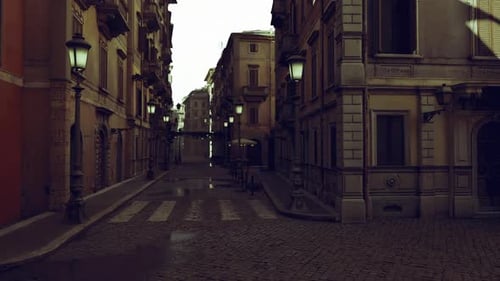 Animated Day to Night Transition in Old European City Street