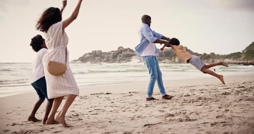 Playing, happy family on beach together for holiday and bonding on outdoor tropical adventure