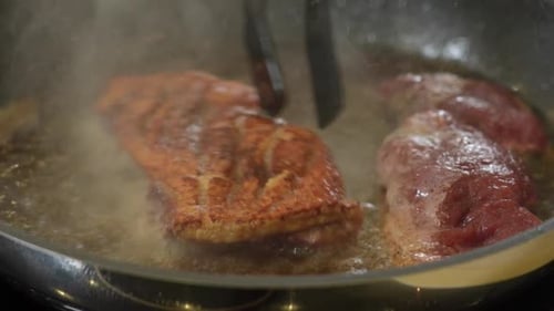 Frying Raw Duck Breast on a Hot Frying Pan