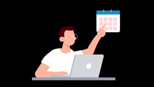 Flat Design Animated Person Working on Laptop and Calendar