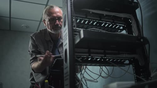 Male Network Administrator Works in Server Room Using Tablet Computer