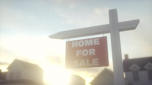 Animated street view of a house for sale with a sign in the front yard
