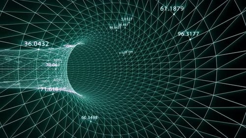 Science-Fiction-Tunnel mit Koordinatenzahlen und leuchtendem geometrischem Gitter. Nahtlose VJ-Loop-Animation
