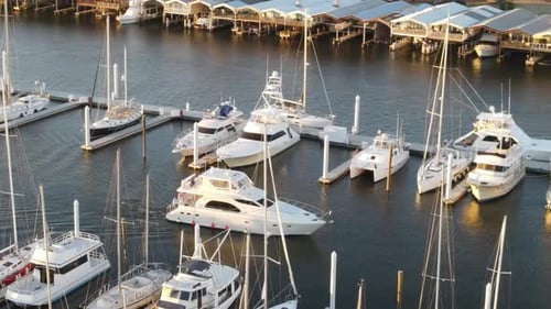 Private Motor Yacht Arrived At Marina After Cruising In The Lake. - aerial