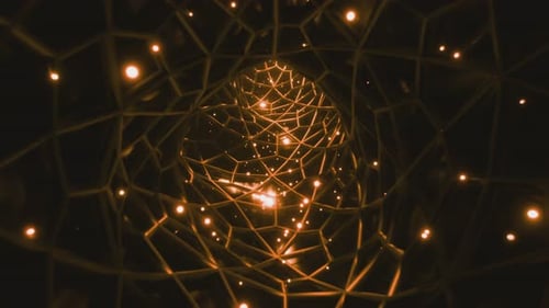 Grid tunnel with moving neon glowing particles. Seamless futuristic background