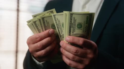 Cropped View Close Up Male Hands Holding Dollars Stack Unrecognizable Caucasian Middleaged