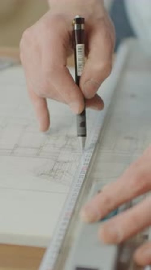 Hände, die mit einem Stift auf einer hölzernen Schreibtischoberfläche in einer fokussierten und präzisen Nahaufnahme schreiben und zeichnen