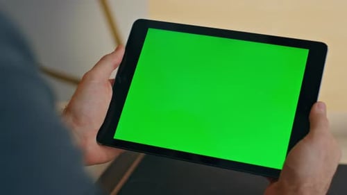 Freelancer Hands Holding Greenscreen Tablet Working Remote at Office Closeup