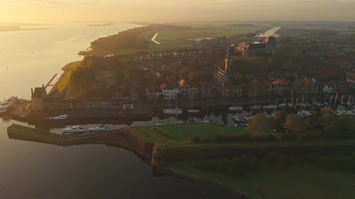 Aerial view of the historic town of Veere at sunrise, Netherlands.
