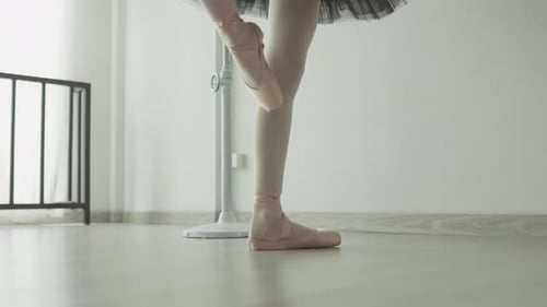 Dancer in pointe shoes performs gracefully on wooden floor in a softly lit studio.