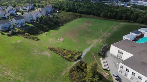 Aerial View Halifax Soccer Field With Children Practicing Goals And Ball Control