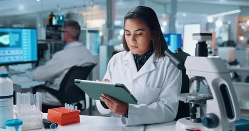 Research, science and tablet with woman in laboratory for development of cure