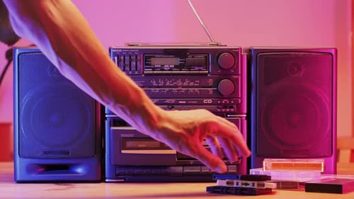 Retro Radio Tape Recorder Audio Cassette Closeup Listening to Music Old Radio Boombox Player