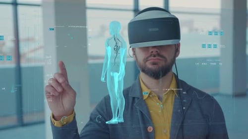 Augmented Reality Closeup of a Male Doctor Looking Medical Charts 3D Hologram DNA Hologram Pulmonary