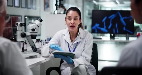 Science, tablet and talking with people in laboratory together for collaboration or discussion