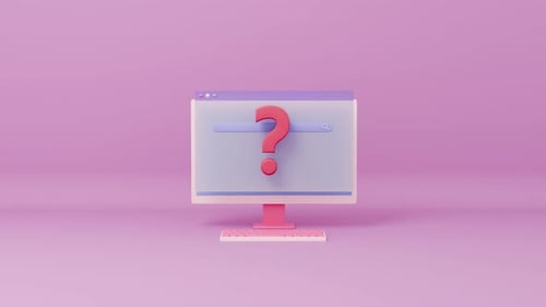 Animation of computer monitor with search bar and Question mark. look for answer, find a solution