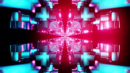 Cyan Kaleidoscopic Cube Tunnel VJ Loop with Neon Magenta Highlights and Depth