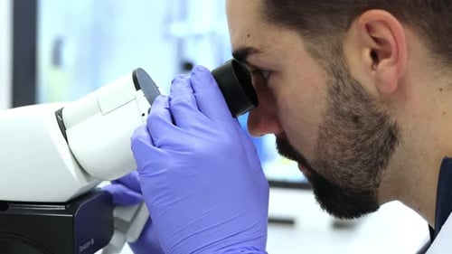 Scientist analyzing sample with modern microscope in laboratory