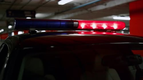Rote und blaue Sirenenlichter des Polizeiautos blinken nachts in Zeitlupe