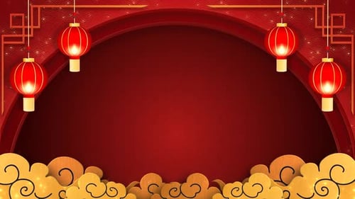 Chinesischer orientalischer Themenhintergrund, mit Windlichtern, Goldwolken und Kopierraum, geeignet für Einladungen