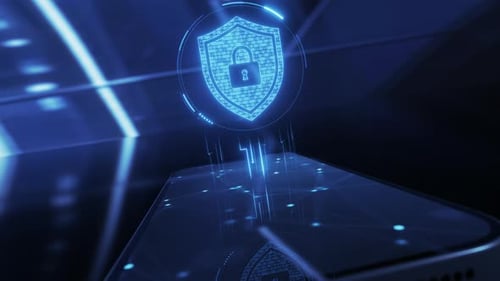 Concepto de protección de datos y privacidad o antivirus del icono Cybersecurity Shield, holograma y teléfono inteligente