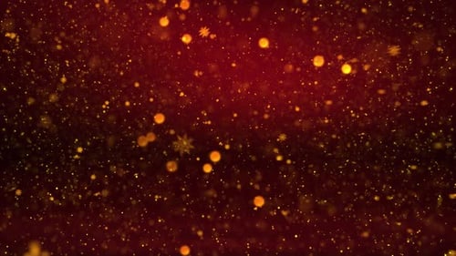 Golden Bokeh Particles and Snowflakes Festive Red Background
