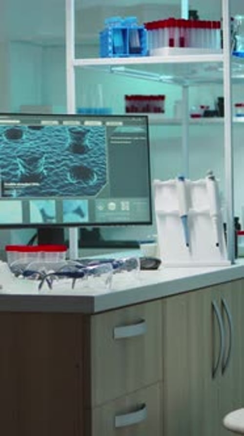 Laboratory Workplace with Research Computer and Safety Glasses