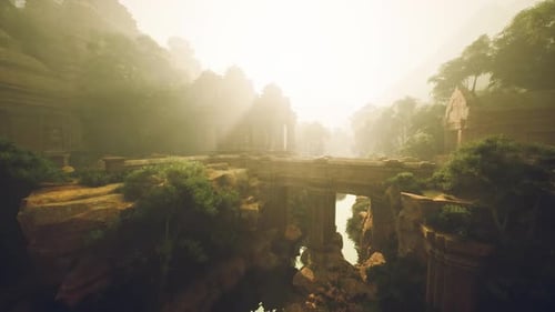 Serene Scene of Historic Bridge with Natural Mist and Reflection