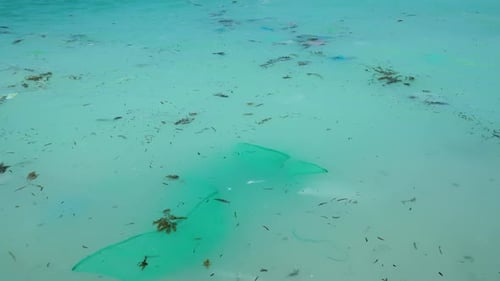 Eau de mer asiatique recouverte de déchets plastiques et autres déchets et restes flottant à la surface