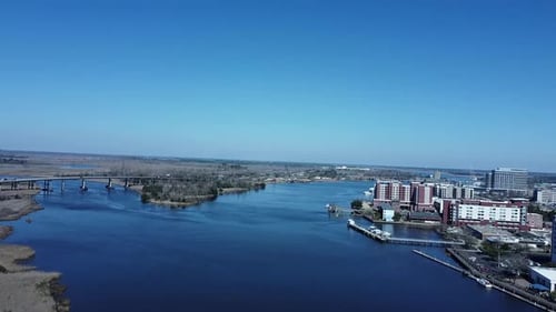 Aerial view looking north of Wilmington, NC on the Cape Fear River