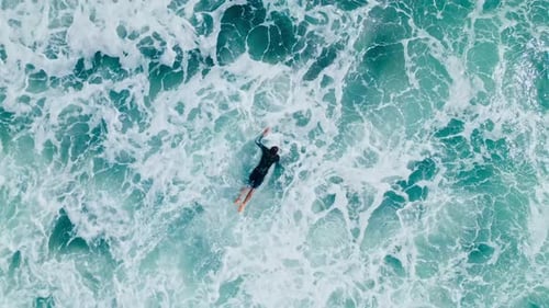 One Surfer Riding on Surf in Beautiful Ocean Waves Slow Motion