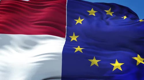 Realistic Indonesia and European Union Split Flags Waving