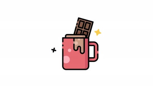 Red mug of hot chocolate with a chocolate bar on top icon animation digital