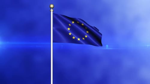 European Union Flag Waving on Blue Background Animation