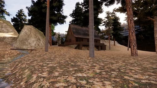 Rustic Cabin in Autumn Forest with Flowing Stream