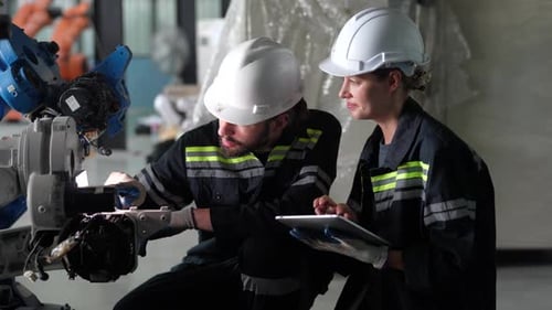 Female technician programs a robot arm with a digital tablet and assembly robot in a factory.