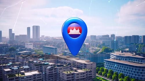 Cambodia Location Pin 3D Animation with Flag and Network Overlay