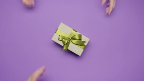 Beauty of Giving and Receiving Gifts Presents Between Man Woman Violet Top View Couple Celebrations