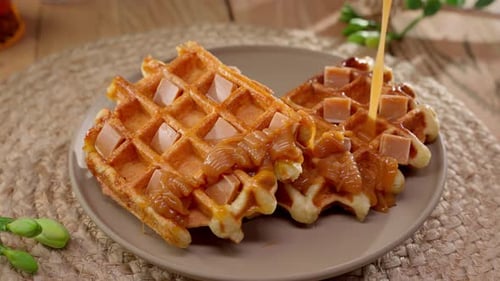 Herrliche belgische Waffel, garniert mit weichen Karamellquadraten, die den letzten Hauch von flüssigem Karamell erhalten