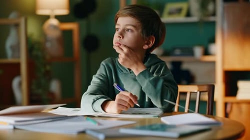 Boy Doing Homework at Home on a Wooden Table