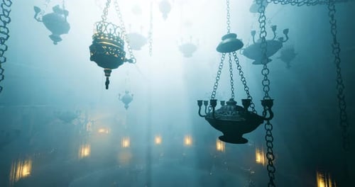 Atmosphère mystique créée par des lampes suspendues dans un espace faiblement éclairé