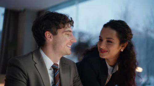 Office Woman Coming Man Director Flirting at Evening Coworking Together Closeup