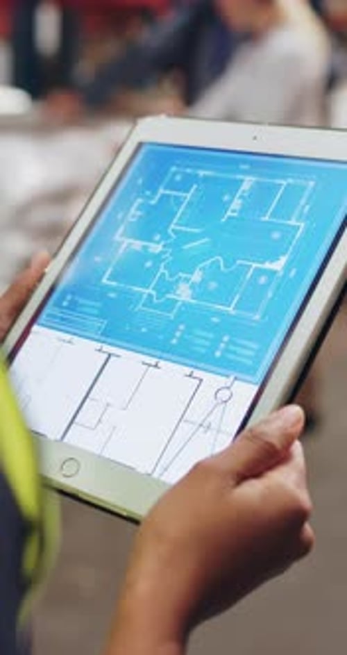 Hands, person and tablet screen with blueprint for warehouse design, floor plan and expansion