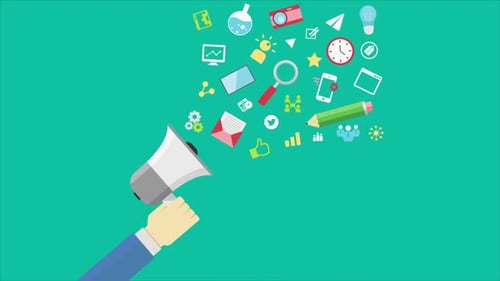 Megáfono con nube de aplicaciones coloridas