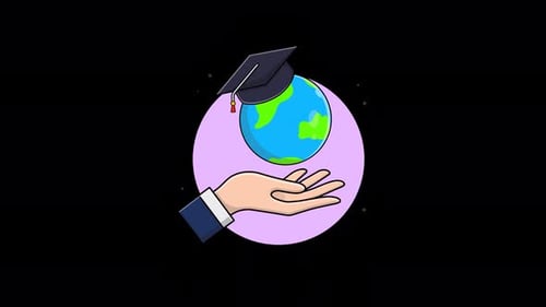 Animated Global Education Concept with Hand and Graduation Cap