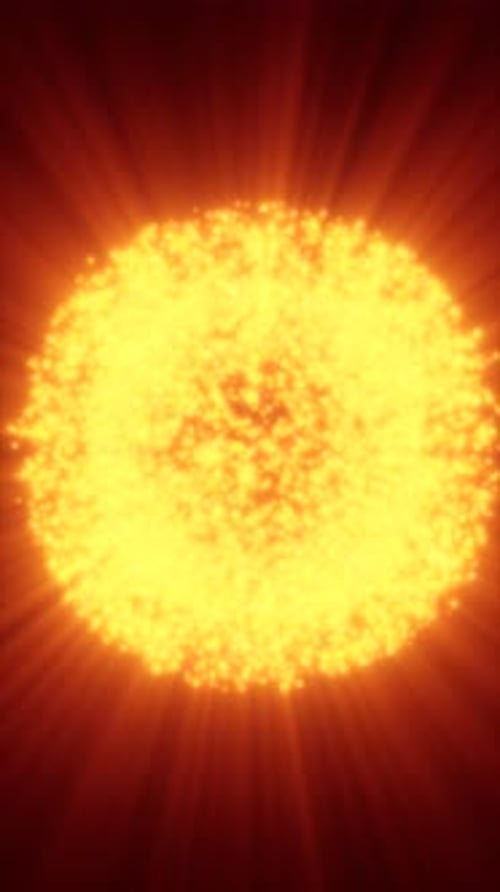 Sphère de particules rougeoyante émettant des éclats rayonnants sur fond sombre, symbolisant la fusion