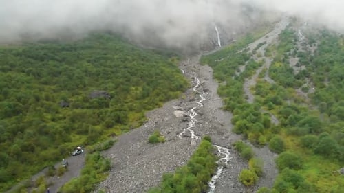 aerial view of a mountain river in the fog. beautiful gorge landscape in the morning. Amazing Natura